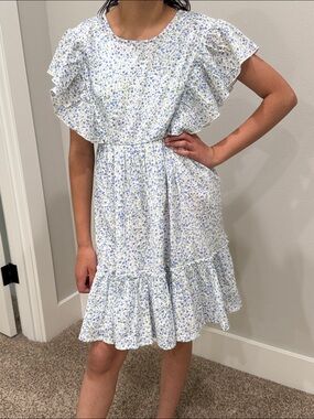 Y&F Girls' Blue Floral Ruffle Dress in cotton